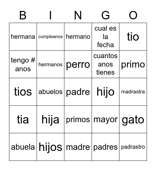 Avancemos unit 2.2 la familia Bingo Card