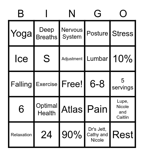 Chiropractic Bingo Card