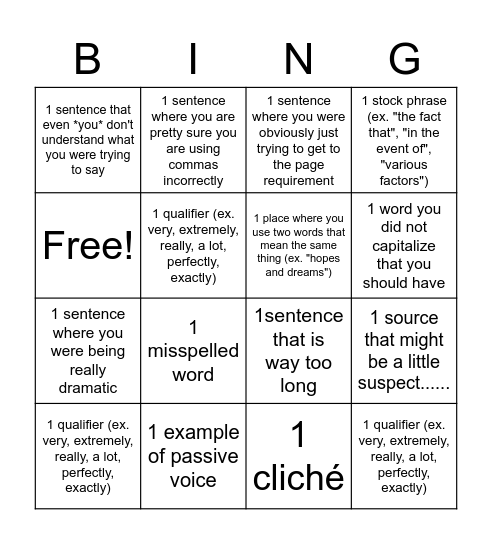 Editing Bingo Card