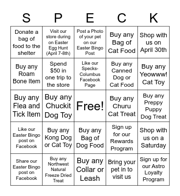 Speck's Columbus Easter Bingo Card