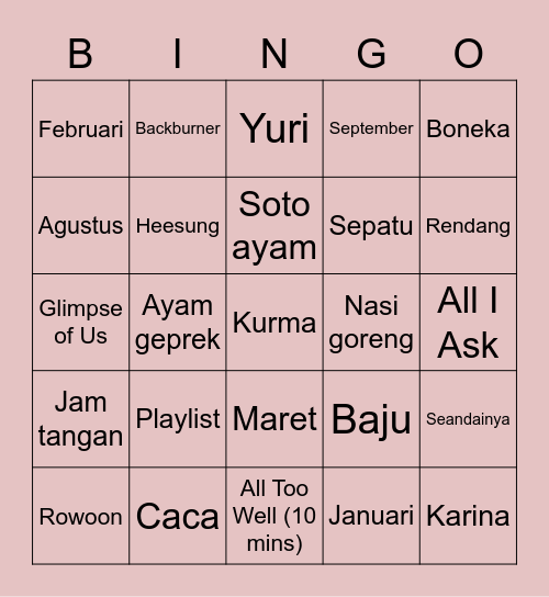 Emma’s Bingo Card