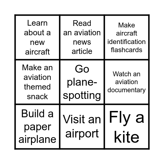 Aircraft Recognition Spring Break Challenge Bingo Card