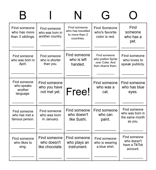 Find Someone Who Bingo Card