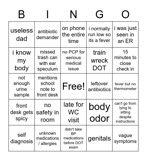 Urgent Care Bingo 3.29.2023 Bingo Card