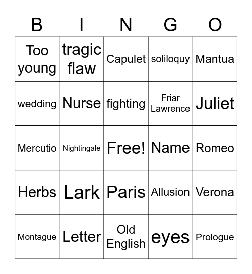 Romeo & Juliet Acts I/II Bingo Card