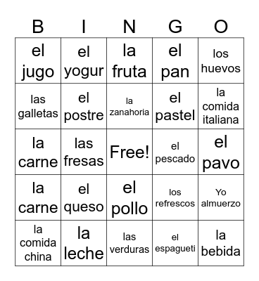 Comidas y Bebidas Bingo Card