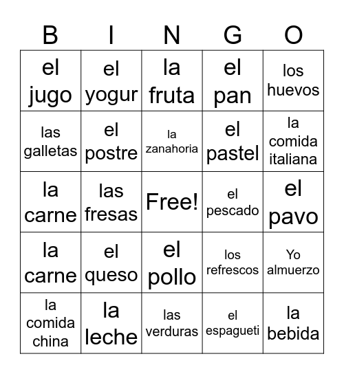 Comidas y Bebidas Bingo Card