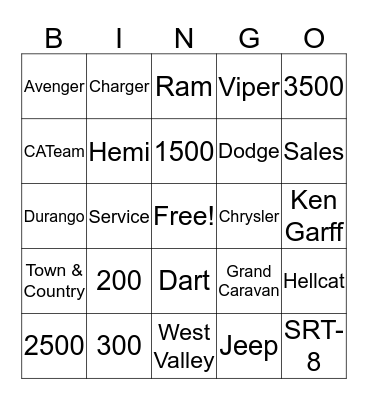 Ken Garff West Valley Bingo Card