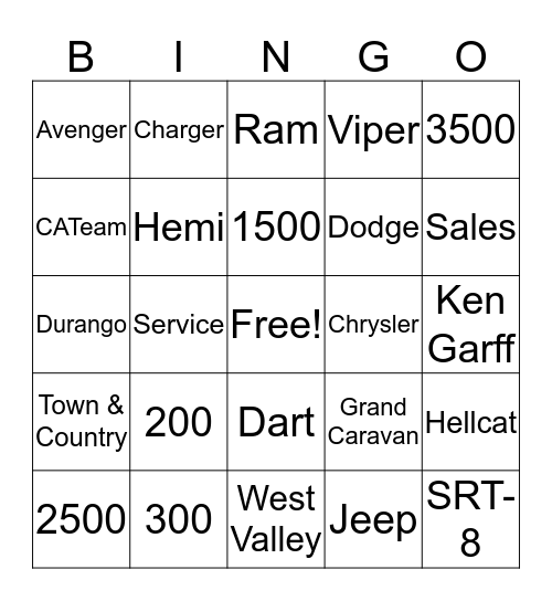 Ken Garff West Valley Bingo Card