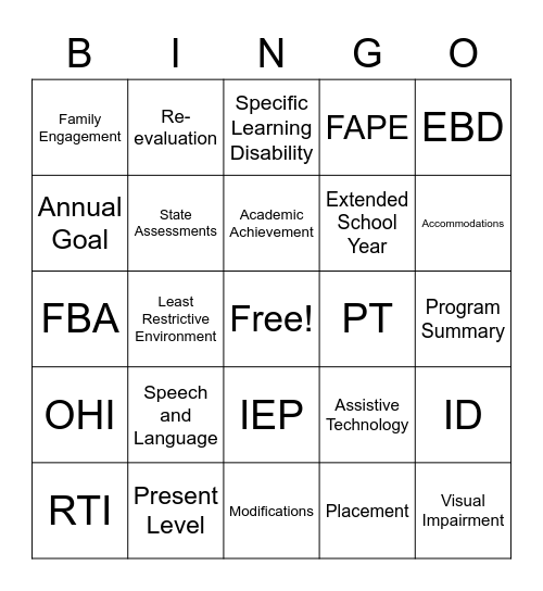 Special Education Bingo Card