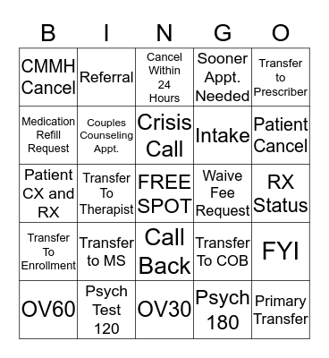 Mental Health Bingo Card