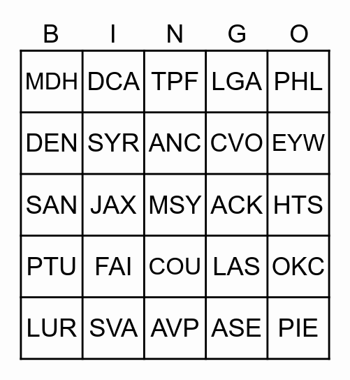 Airport Codes Bingo Card