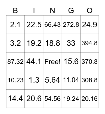Decimal Multiplication and Division Bingo Card