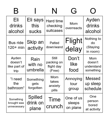 Vacation bingo Card