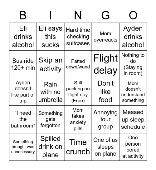 Vacation bingo Card