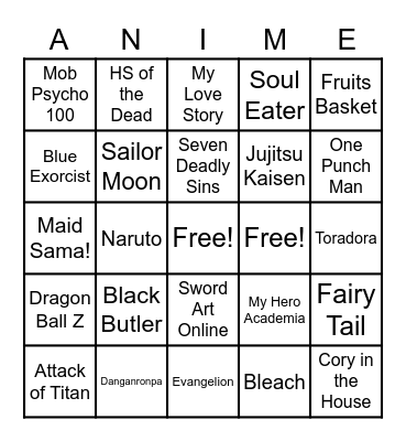 Anime Club Bingo Card