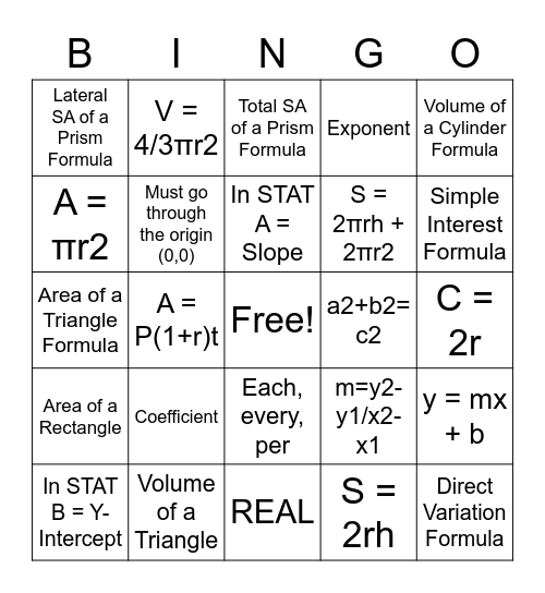 STAAR Grade 8 Math Reference BINGO Card