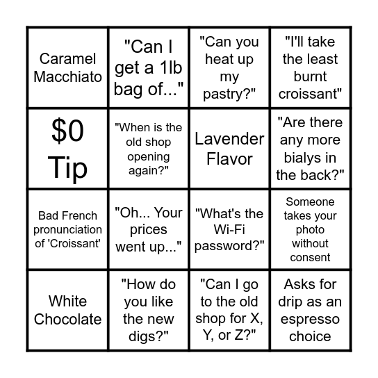 Barista Bingo Card