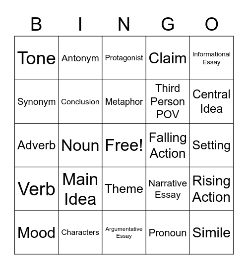 Middle School ELA Bingo Card