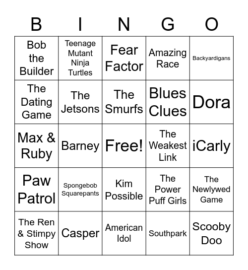 TV Game Shows & Cartoons Bingo Card