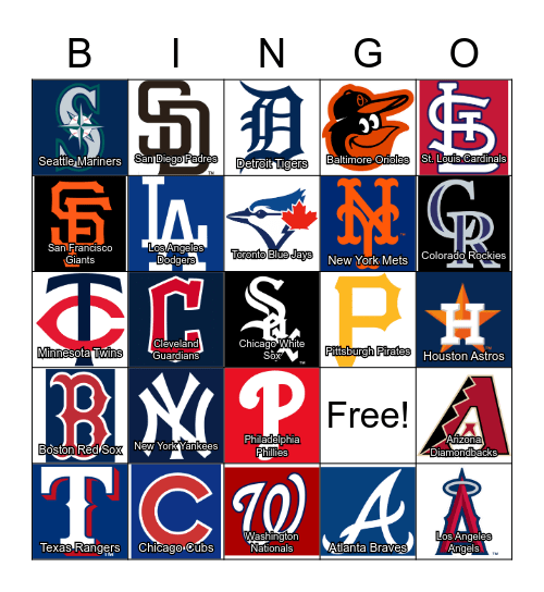 MLB Teams Bingo Card