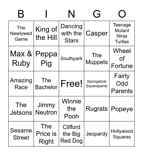 TV Game Shows & Cartoons Bingo Card