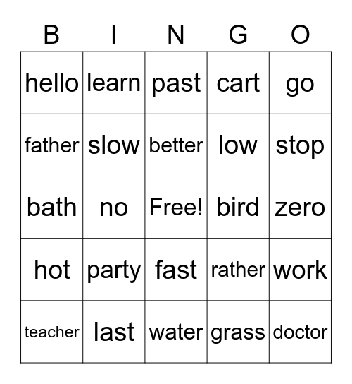 Bristish word practise Bingo Card