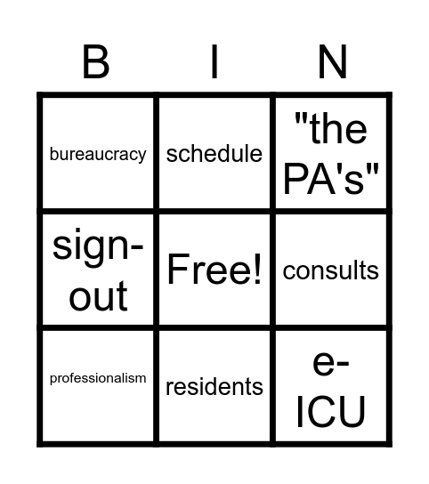 Intensivist Bingo Card