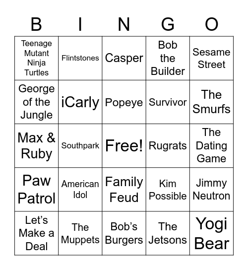 TV Game Shows & Cartoons Bingo Card