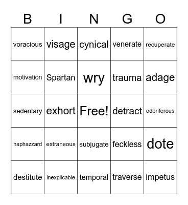 Vocabulary Bingo Card