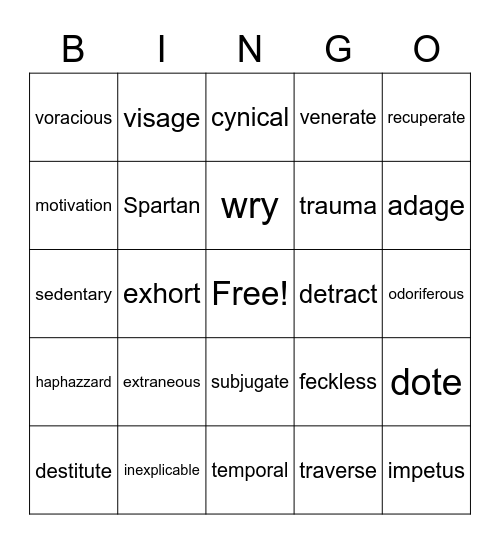 Vocabulary Bingo Card