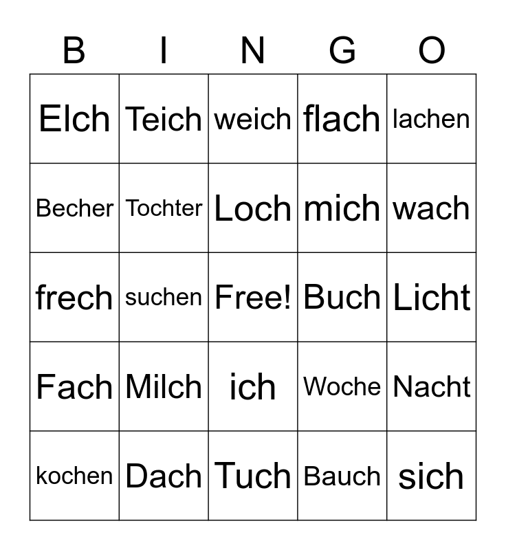 Wörter mit „ch“ Bingo Card