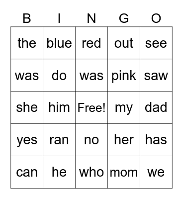 Sight Words Bingo Card