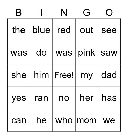 Sight Words Bingo Card