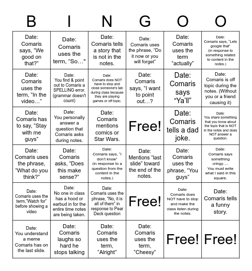 Comaris NOTES BINGO Card