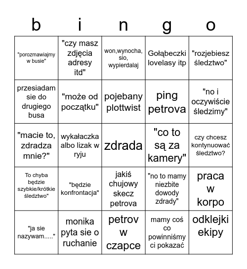 zdrady bingo Card