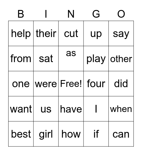 Sight Word Bingo Card