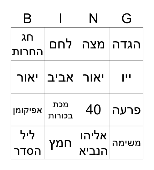 פסח Bingo Card