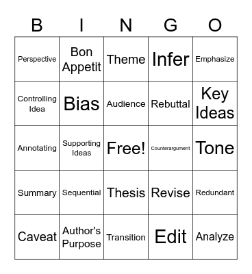 STAAR VOCABULARY Bingo Card