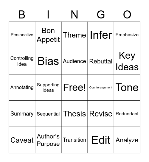 STAAR VOCABULARY Bingo Card