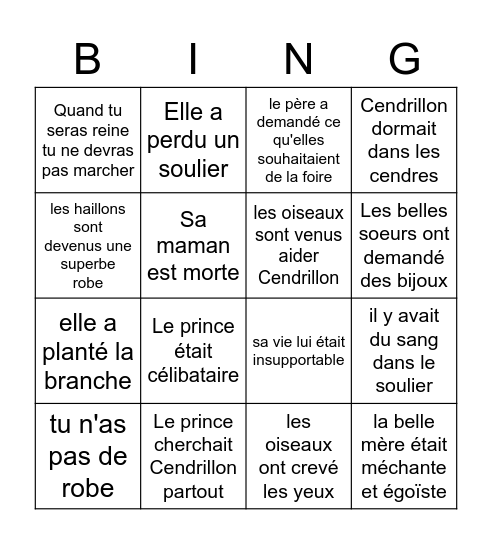 CENDRILLON - HISTOIRE COMPLÈTE - 4x4 Bingo Card