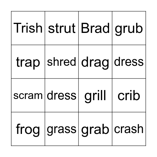 Beginning r-Blends Bingo Card