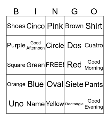 Spanish Vocabulary Bingo Card