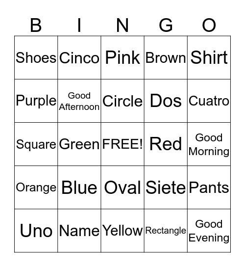 Spanish Vocabulary Bingo Card