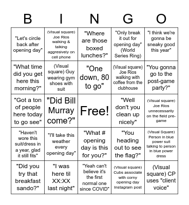Cubs Opening Day Bingo 2023 Bingo Card