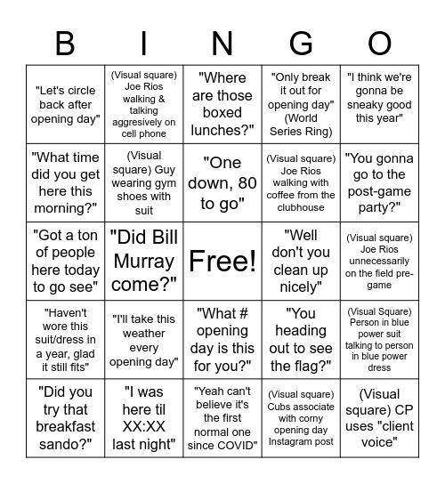 Cubs Opening Day Bingo 2023 Bingo Card