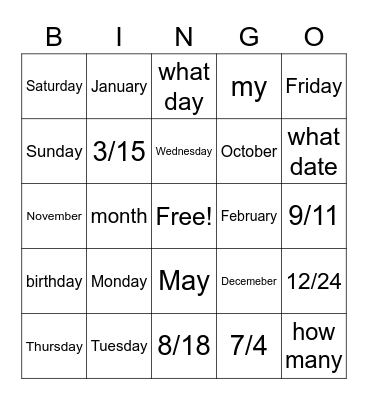 Day/dates Bingo Card