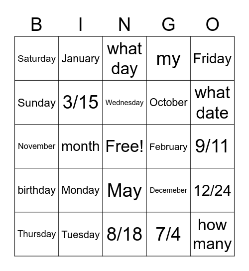 Day/dates Bingo Card