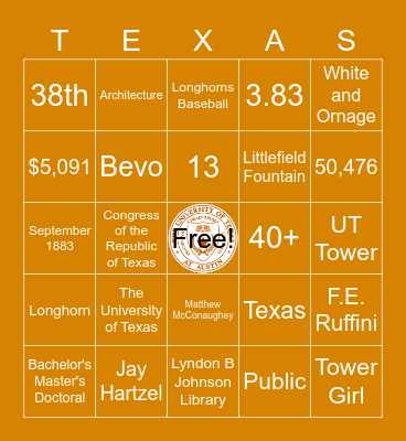 UT Austin Bingo Card