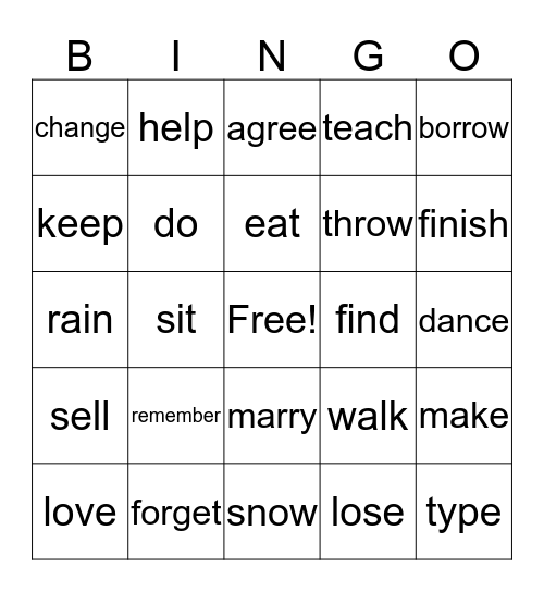 Past Tense Bingo Card